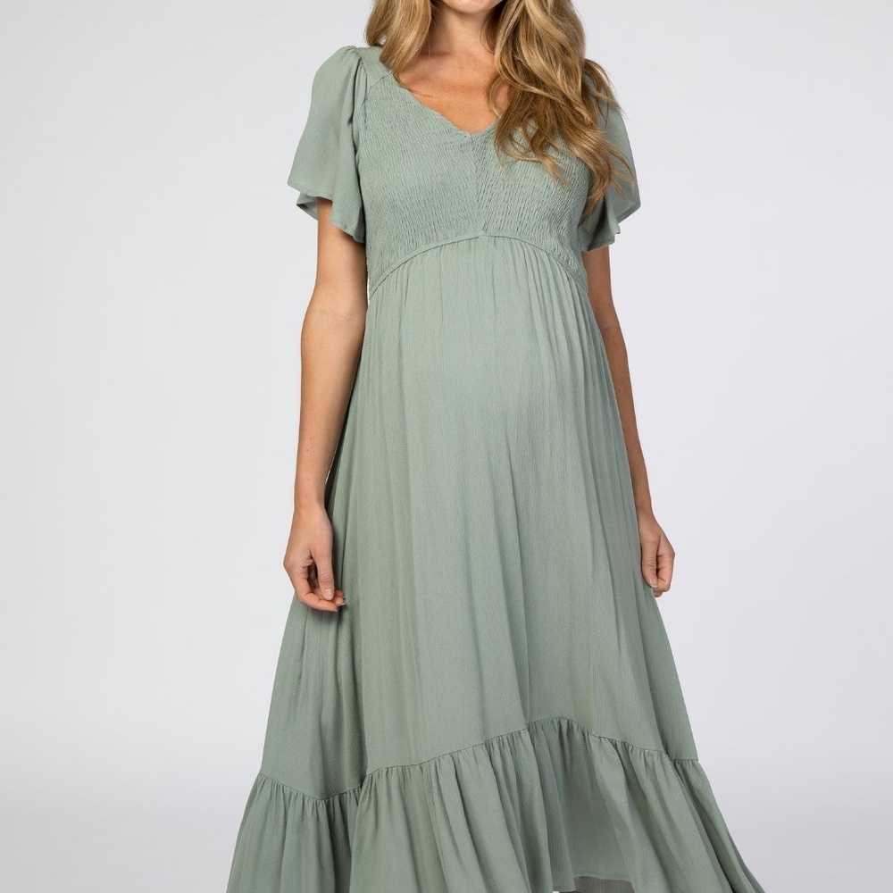 Light Olive Smocked V-Neck Maternity Midi Dress (Medium) - Picture 1 of 1